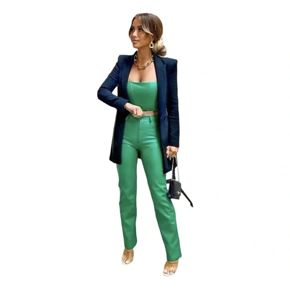 Zara Green Coloured / Vegan Faux Leather Trouser Pants Size  Small - Picture 3 of 8